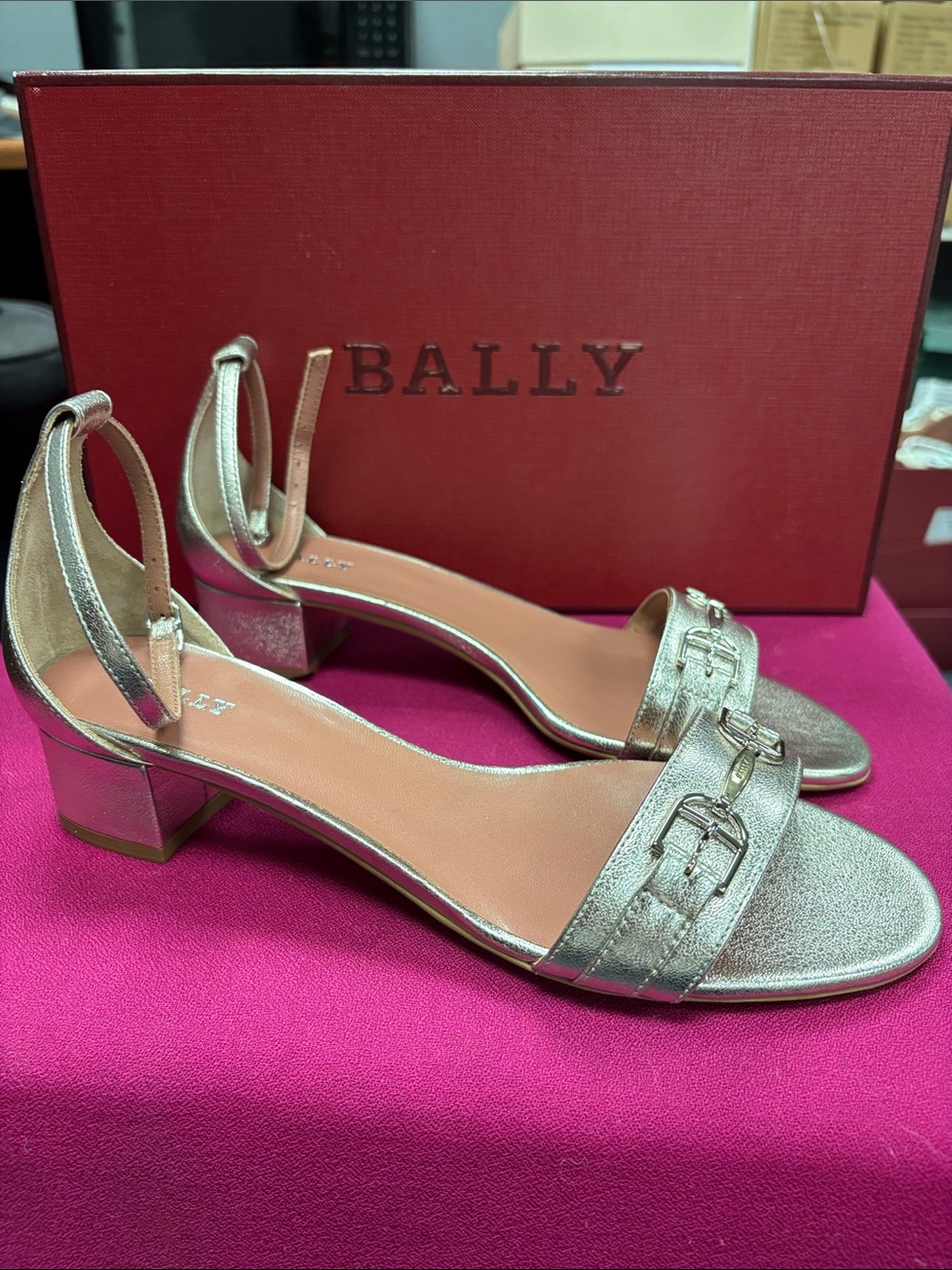 Bally Metallic Silver golden Low Block Heel Sandals with Buckle
